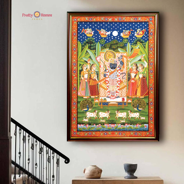 Sharad Shrinathji Darshan – Handpainted Pichwai with Gopikas, Peacocks & Cows
