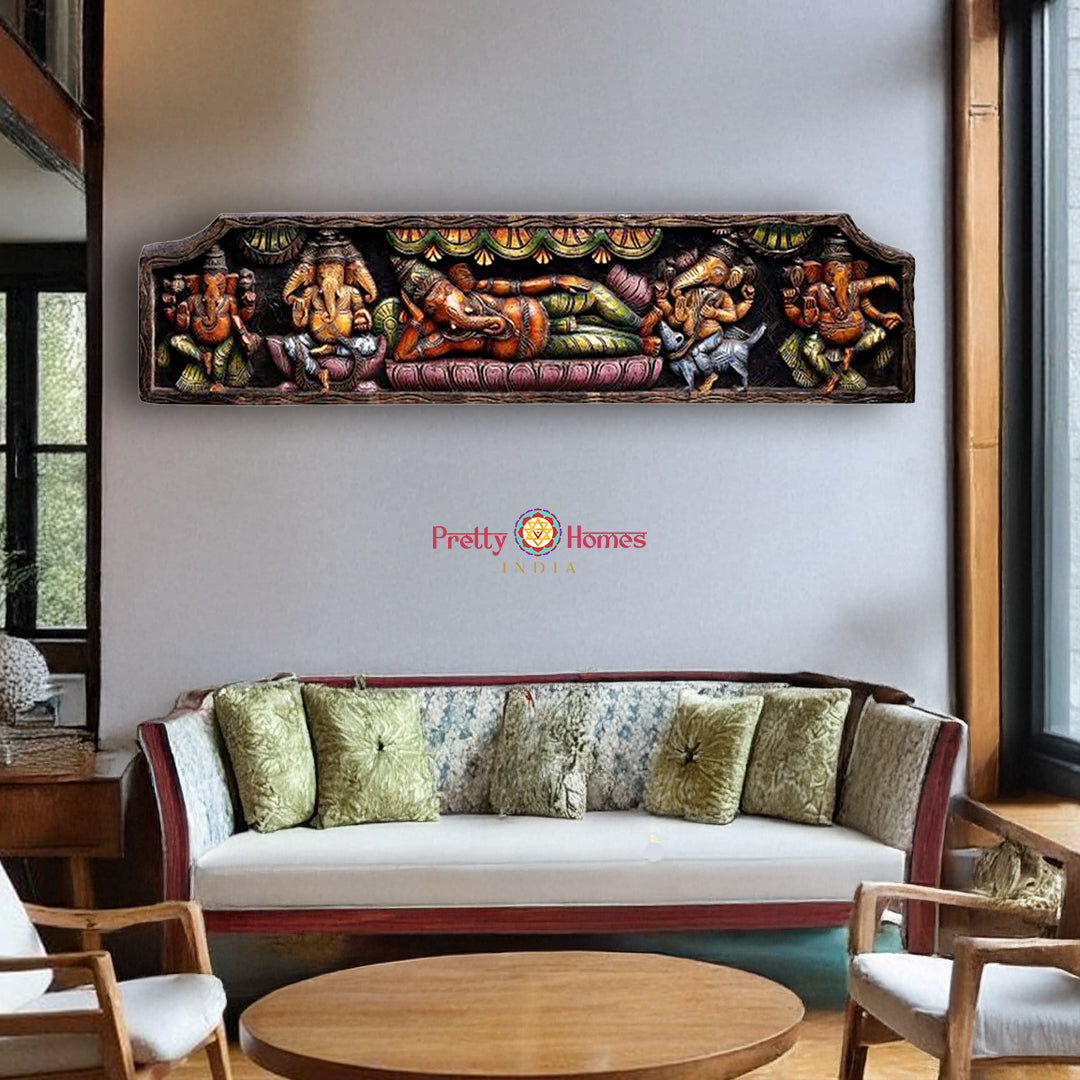 48” Handcrafted Wooden Resting Ganesha Panel with Dancing Ganesha & Other Forms