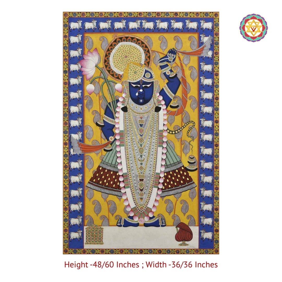 shrinathji pichwai close shot capturing cows and decorative border