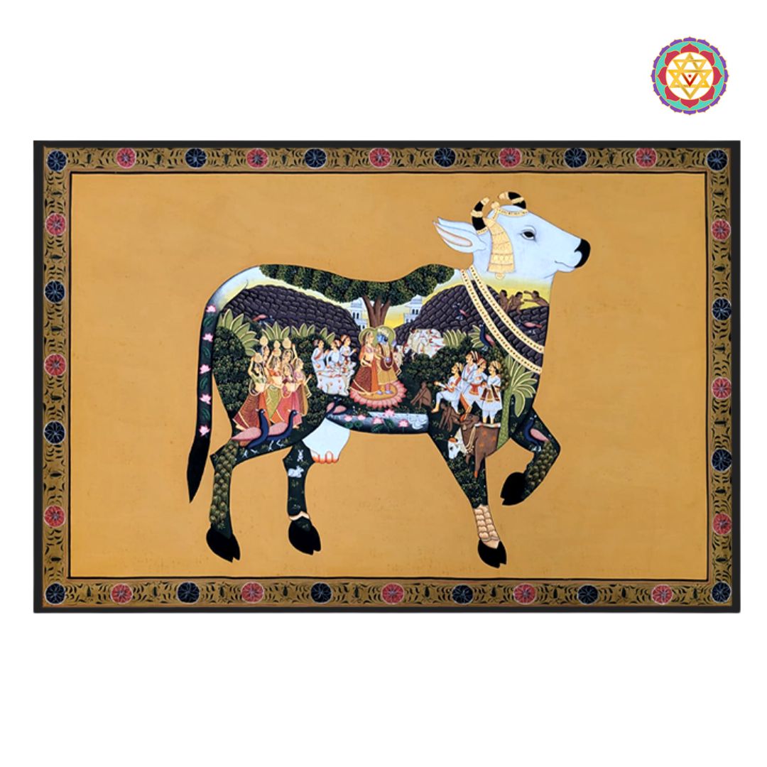 close-up highlighting Kamadhenu and Krishna motifs with vibrant brushwork