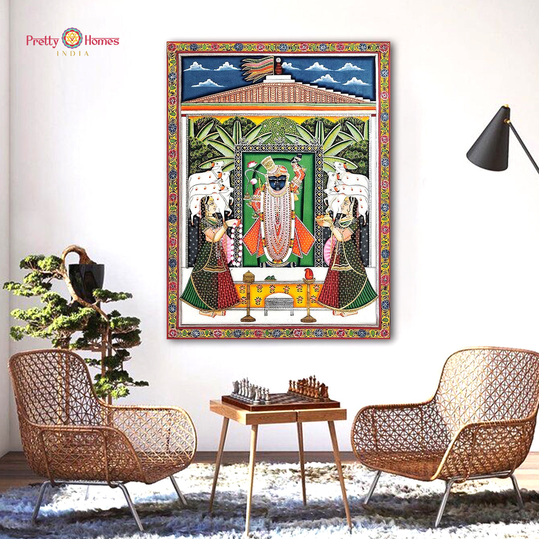 Pichwai painting capturing festival scenes with cows and worshippers in vibrant colors