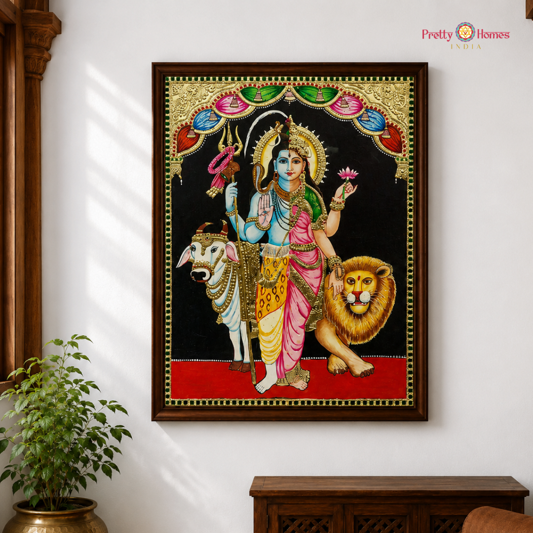 Divine Shaiva Parivar in Ardhanarishvara Form Tanjore in Real Gold