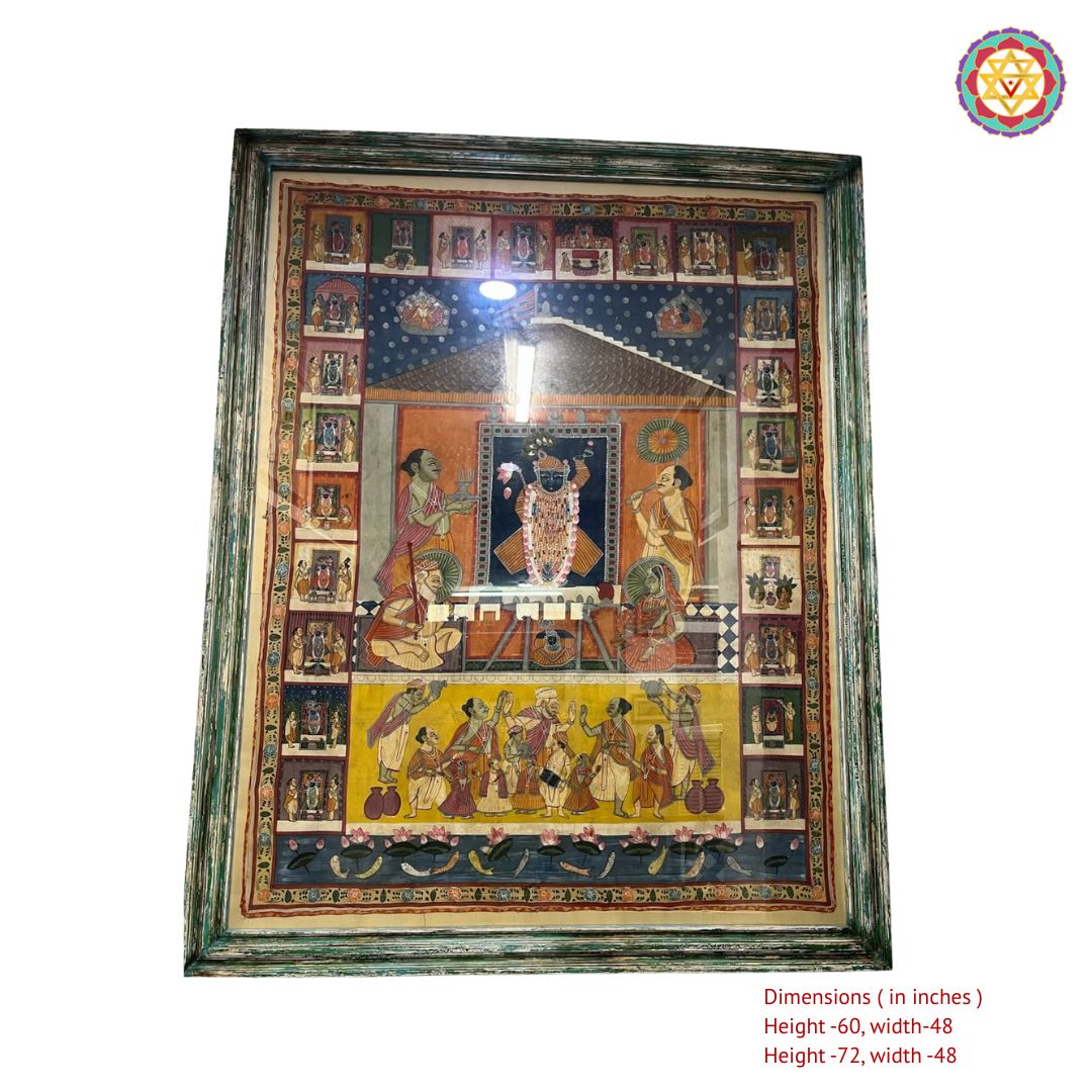 Angle view of handpainted Shrinathji Raj Bhog swaroop Pichwai