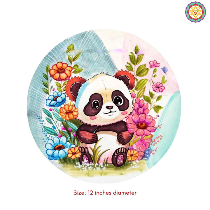 Handpainted Cute Panda with Flowers Wall Plate | Wooden Wall Table Décor