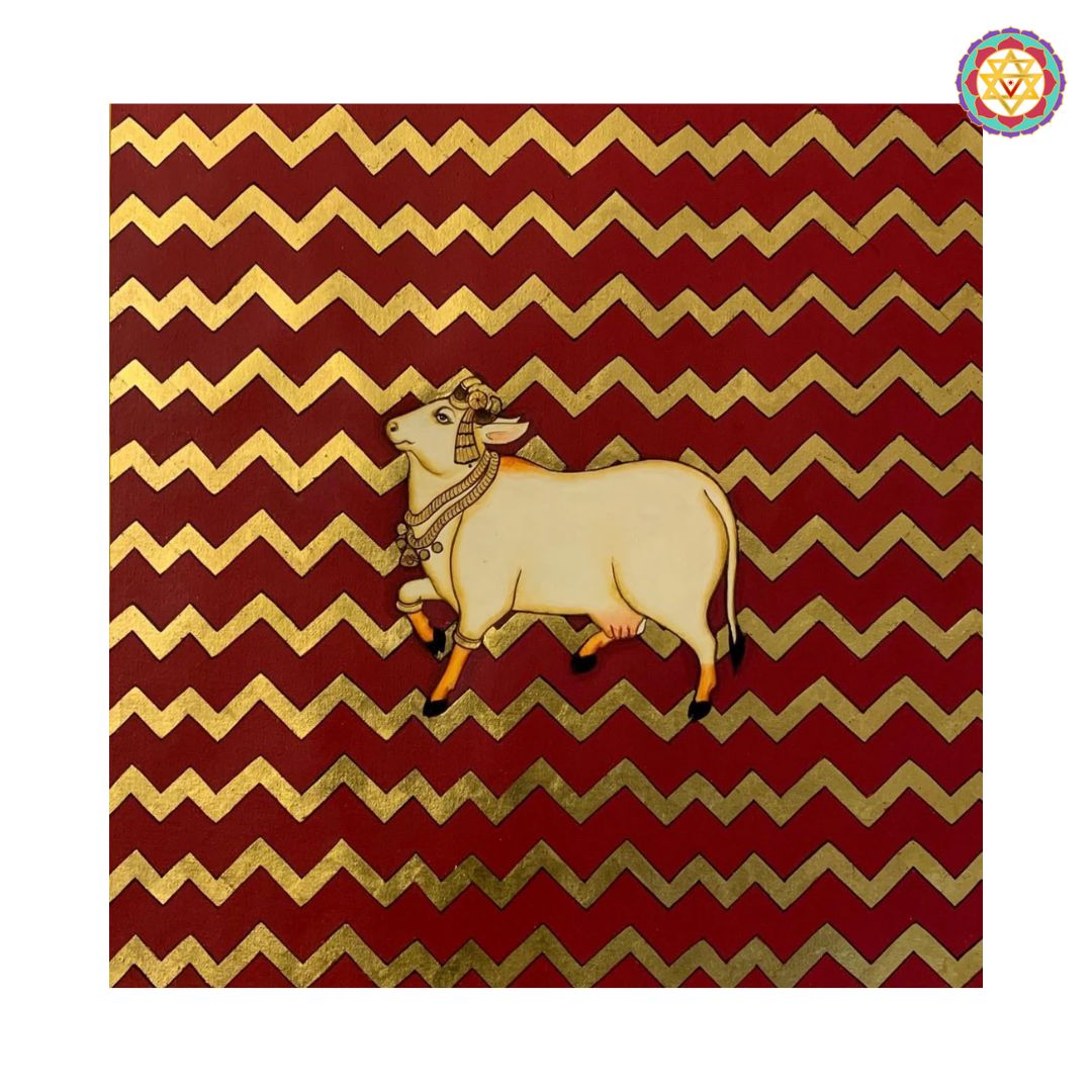 Hand-Painted Pichwai – Cow with Black &amp; Gold Abstract Design