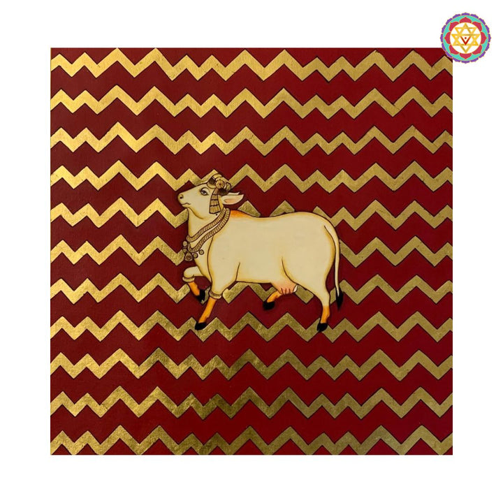Hand-Painted Pichwai – Cow with Black &amp; Gold Abstract Design