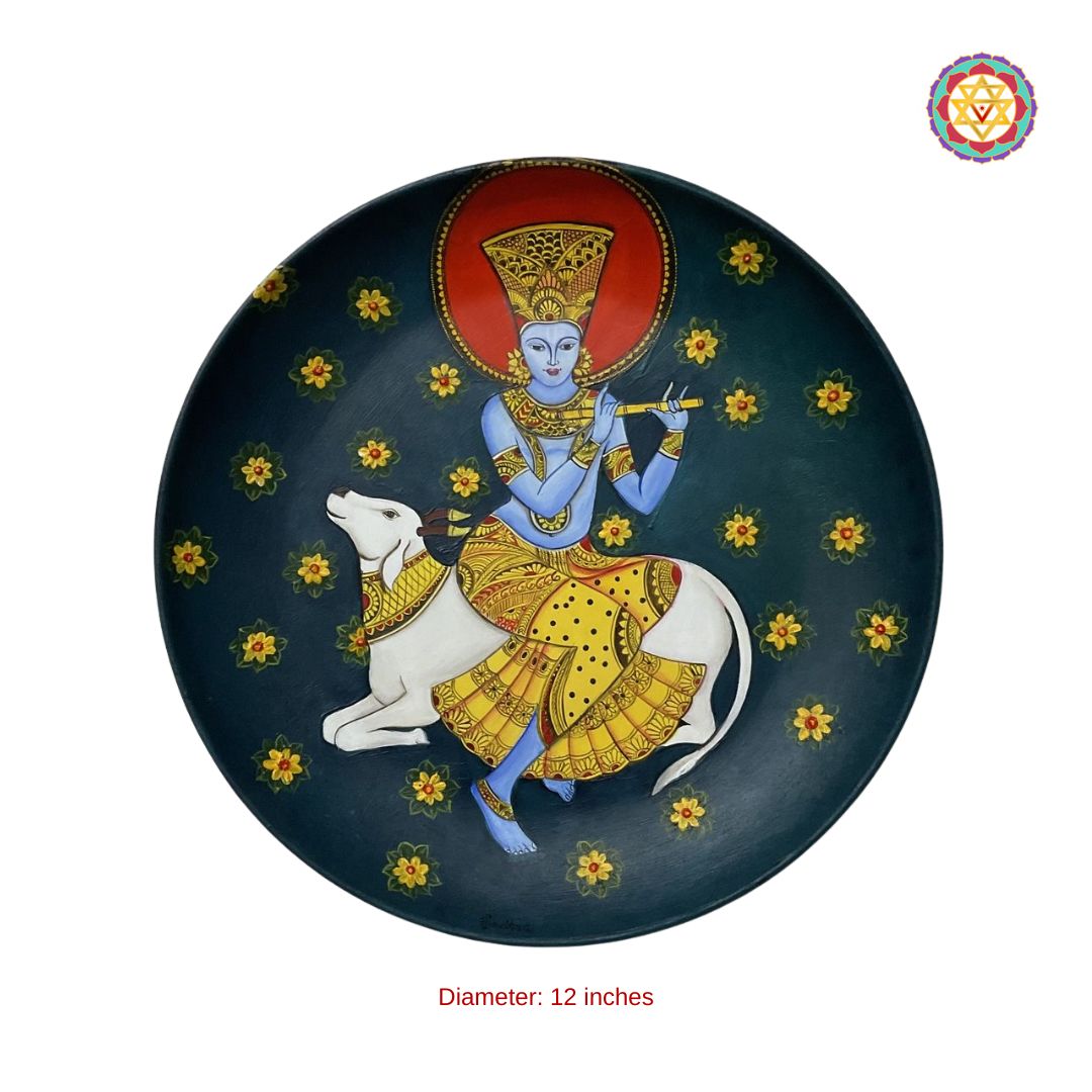 close-up of flute krishna and nandi in hand-painted pichwai plate