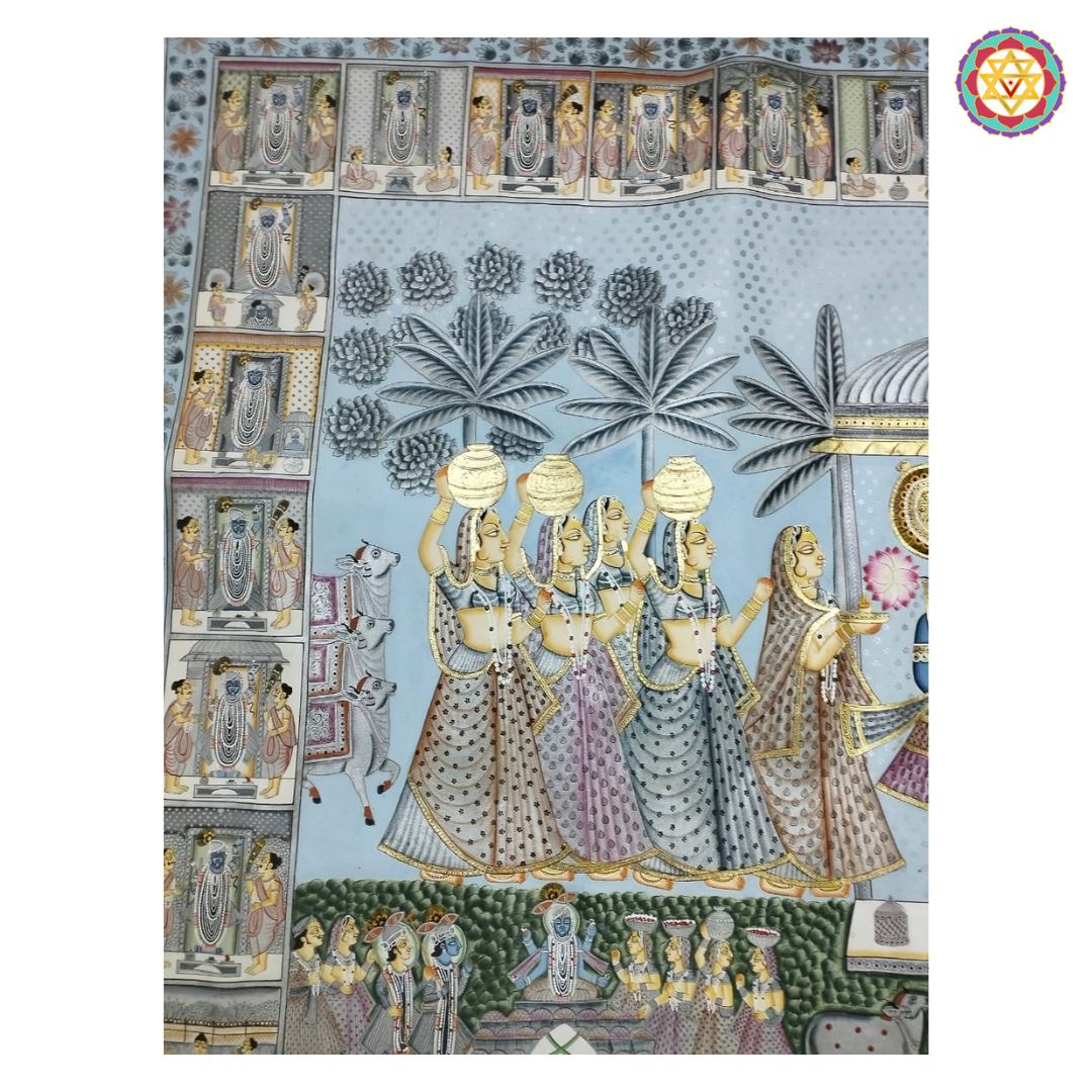 handpainted horizontal pichwai vintage style shrinathji darshan with golikas close-up of painted figures and ornamental border detailing