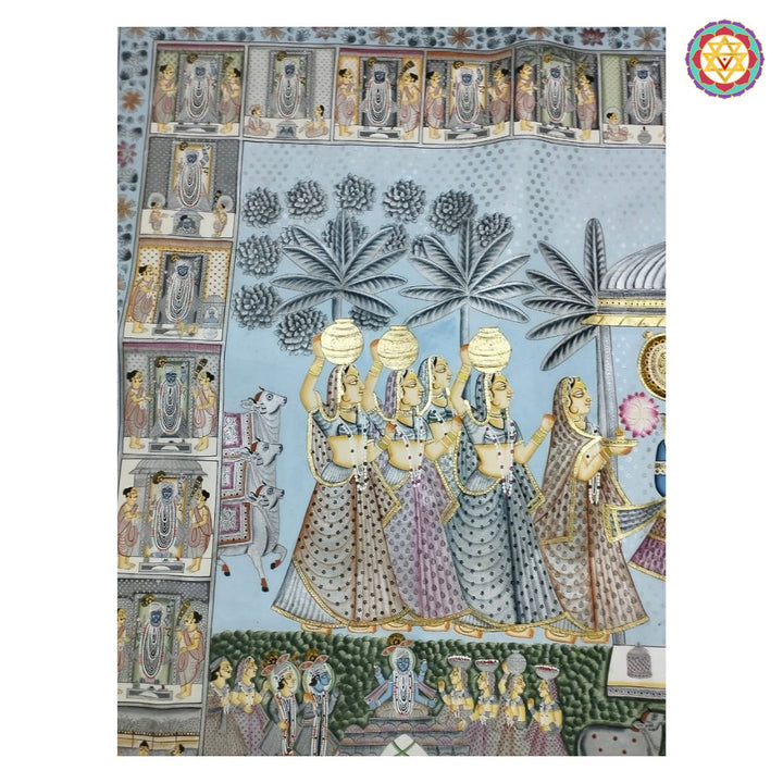handpainted horizontal pichwai vintage style shrinathji darshan with golikas close-up of painted figures and ornamental border detailing