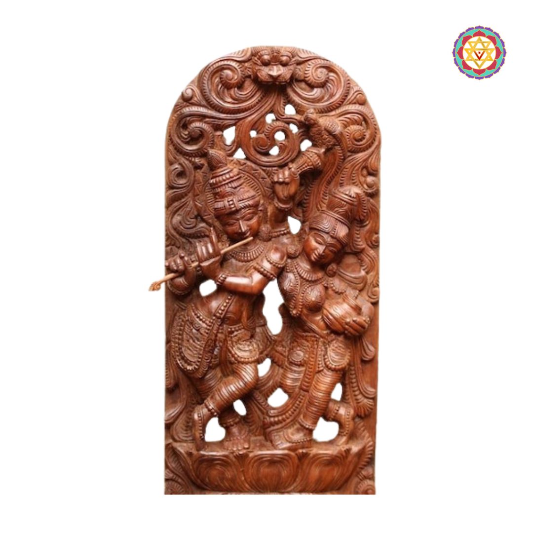 krishna radha wooden canopy panel angled view showcasing detailed carvings
