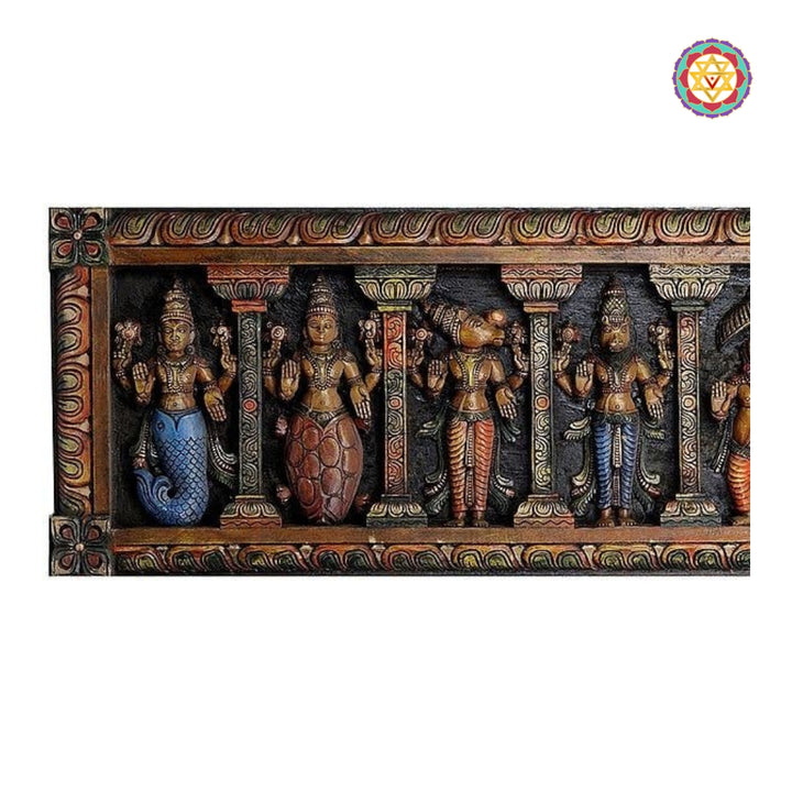 Full view of large Dasavathar horizontal panel with intricate heritage design
