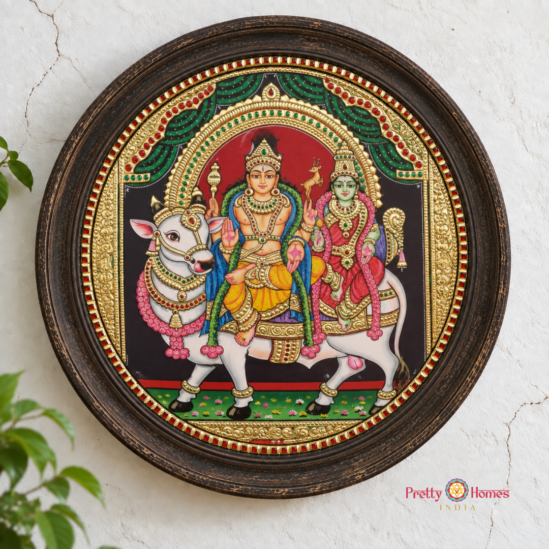 Round Lord Shiva & Parvati on Nandi – Tanjore Painting