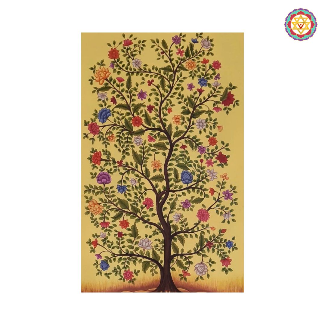 Handpainted tree of life pichwai artwork with vibrant detailing