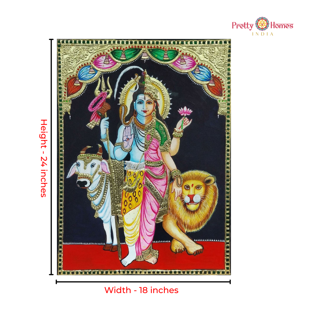 Divine Shaiva Parivar in Ardhanarishvara Form Tanjore in Real Gold