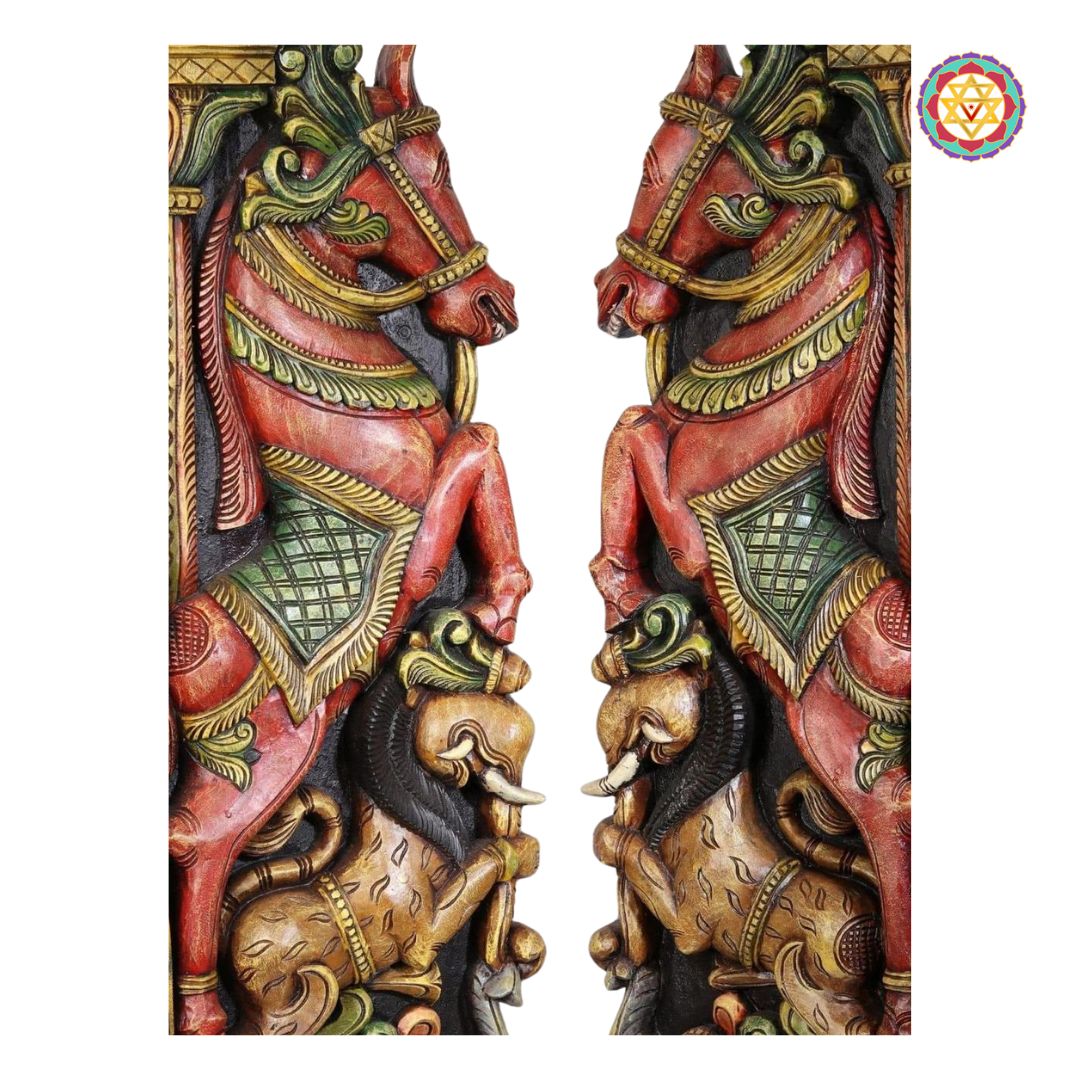 Close-up of horse figure atop yali and elephant carvings