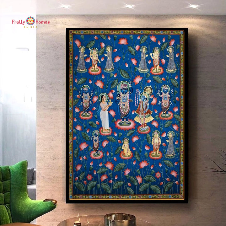 Hand painted pichwai-Lotus Pond Darshan – Shrinathji & His Forms