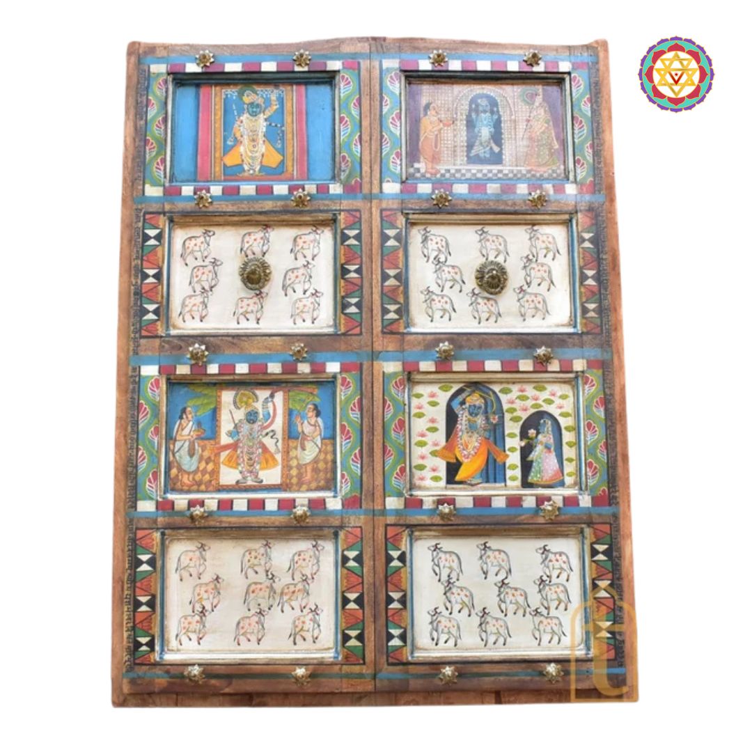 Door frame angled detail showing handpainted panels and carving