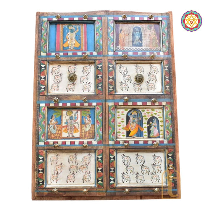 Woodcarved Handpainted Pichwai Door/Wall Frame with Intricate Brass Work