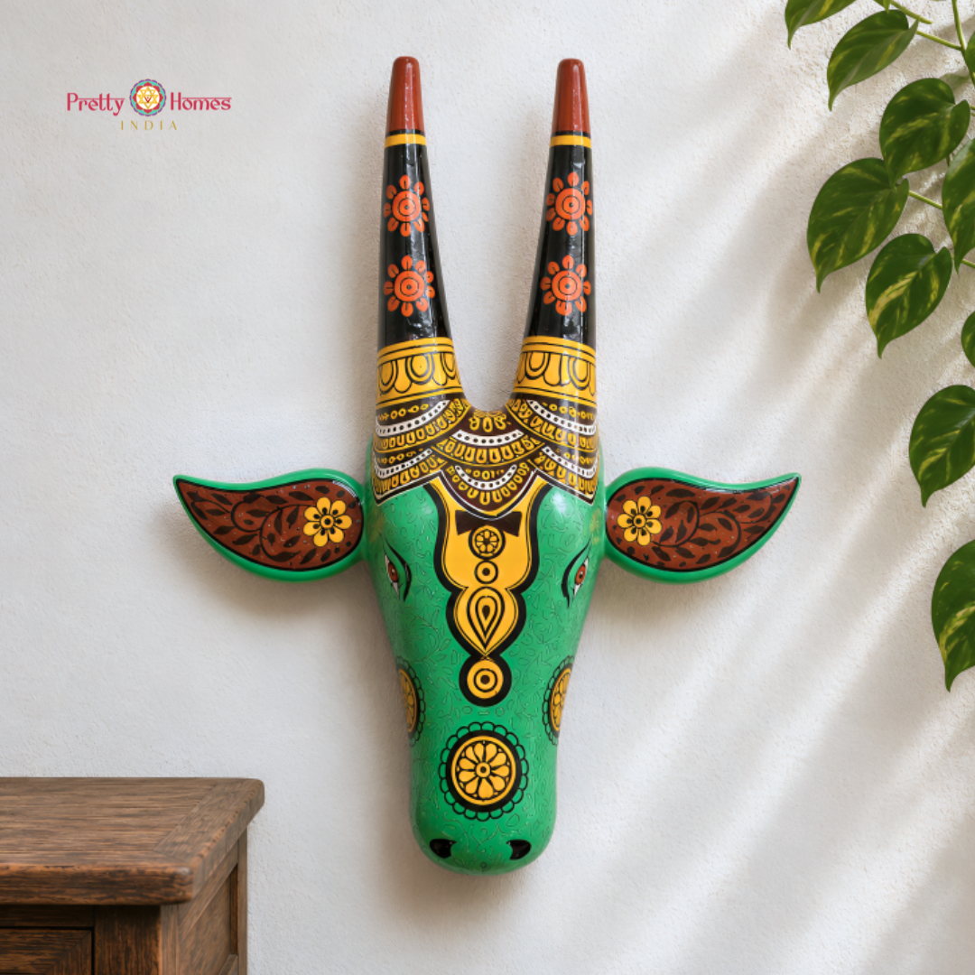 Green Ganesha Design Hand-Painted Cow Head