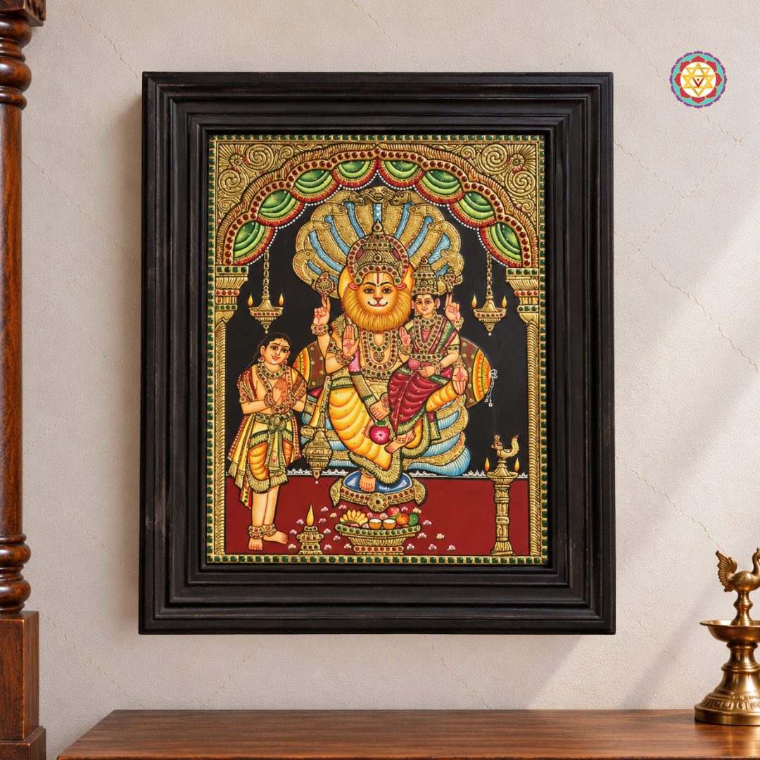 Lord Narasimha with Goddess Lakshmi & Bhudevi – Tanjore Painting