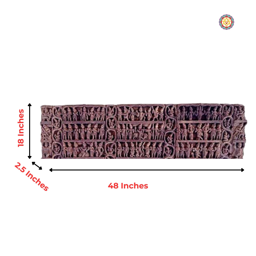 Antique-style carved panel illustrating Krishna’s dance – Indian mythological wooden wall decor.