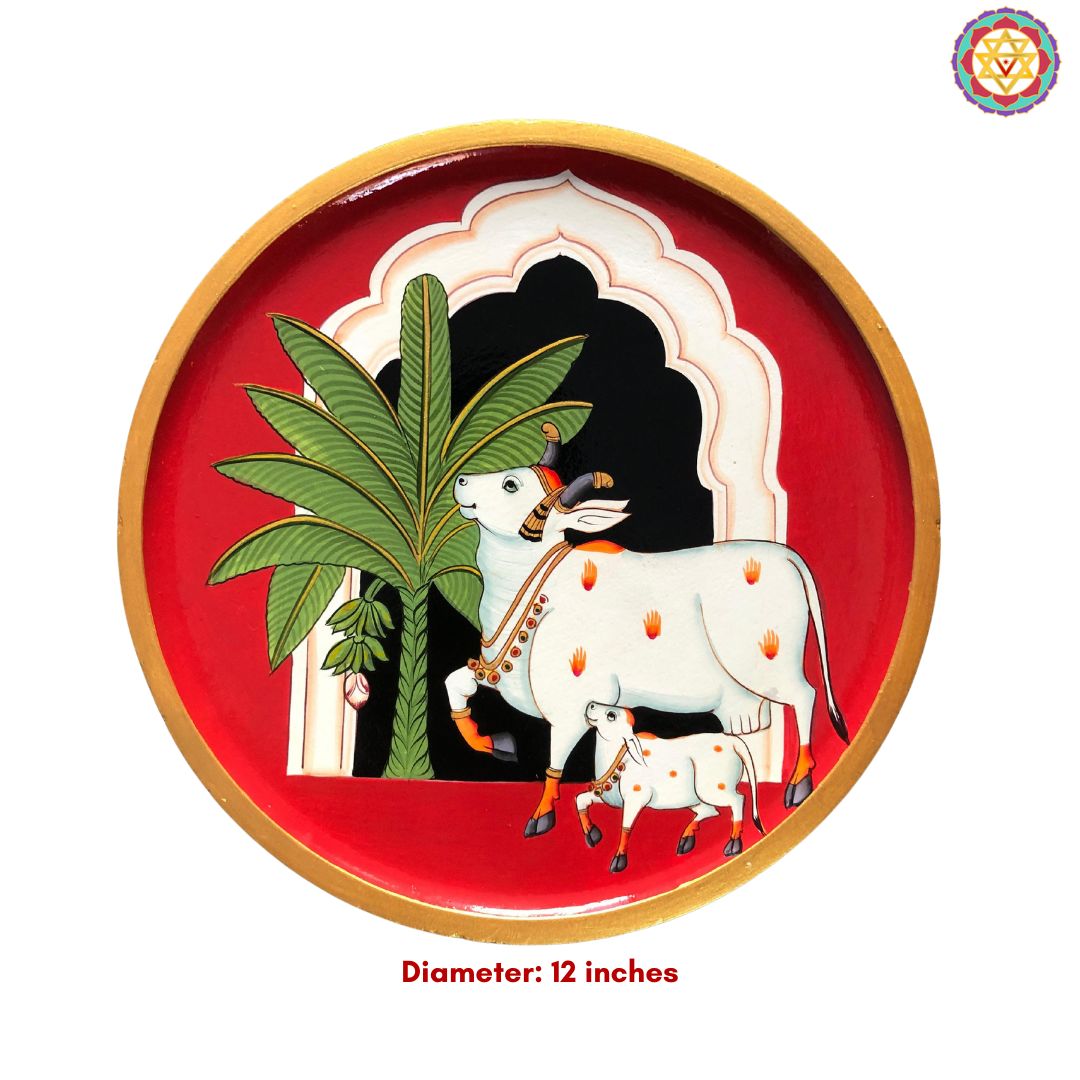 Handpainted Pichwai Wall Plate – Cows Under the Mehrab