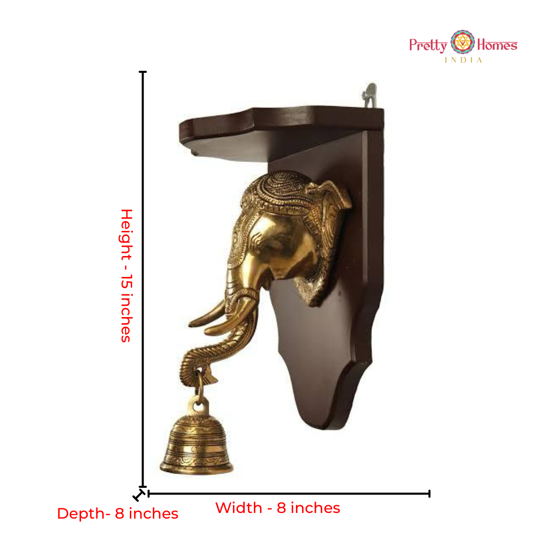 Brass & Wood Elephant Head Wall Bracket with Bell (Single)