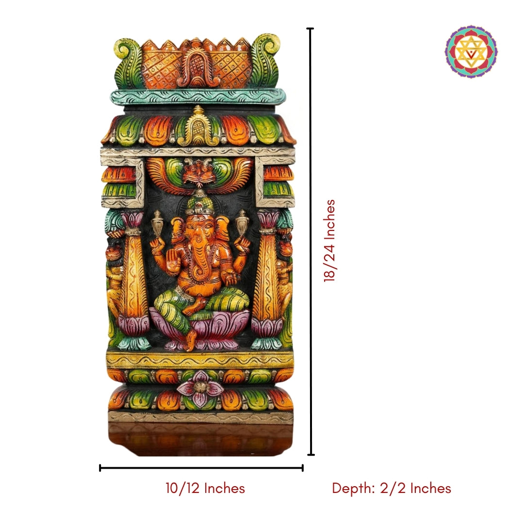 Handcrafted multicolour Ganesha wooden wall hanging with measurements