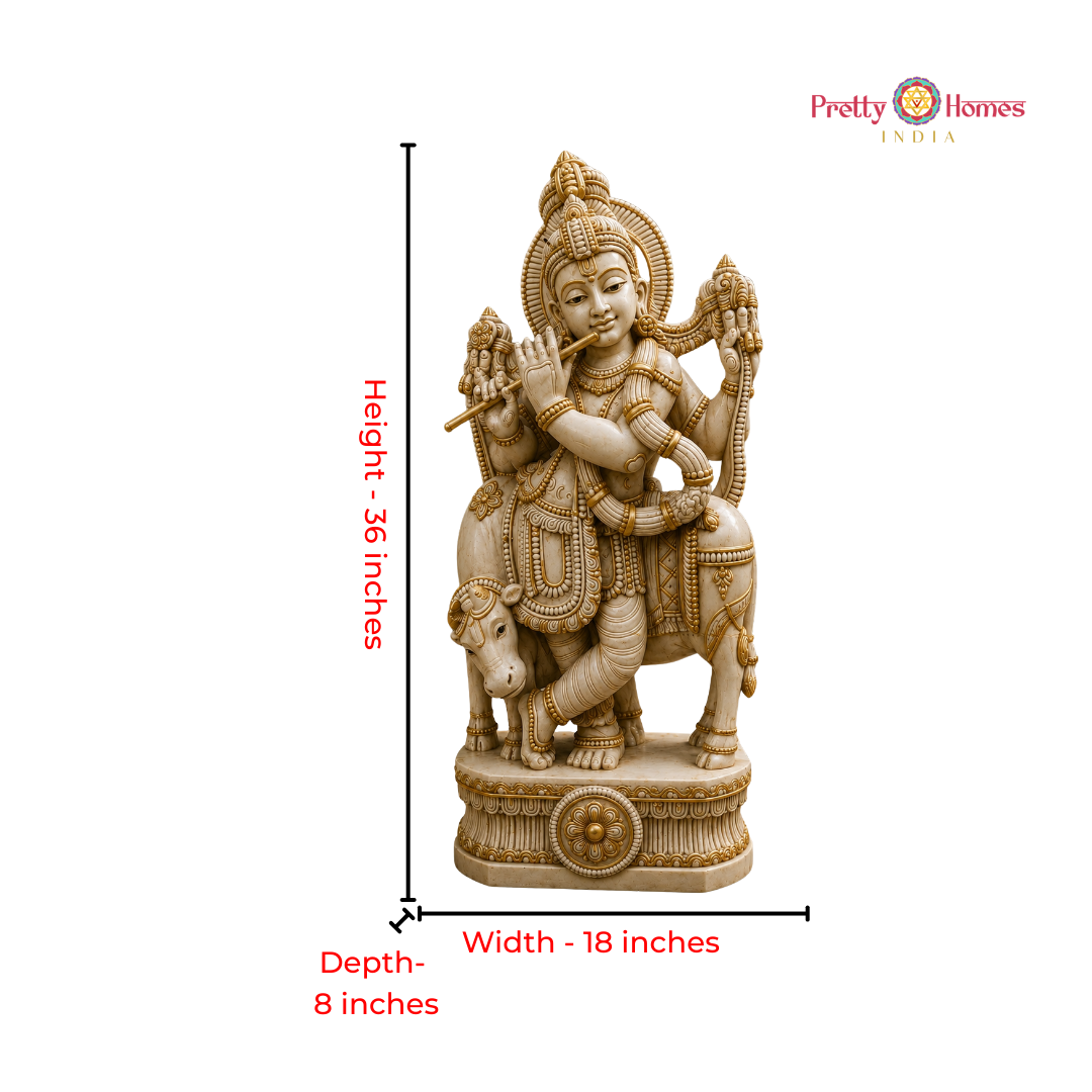 Wood-Carved Ivory Krishna with Cows