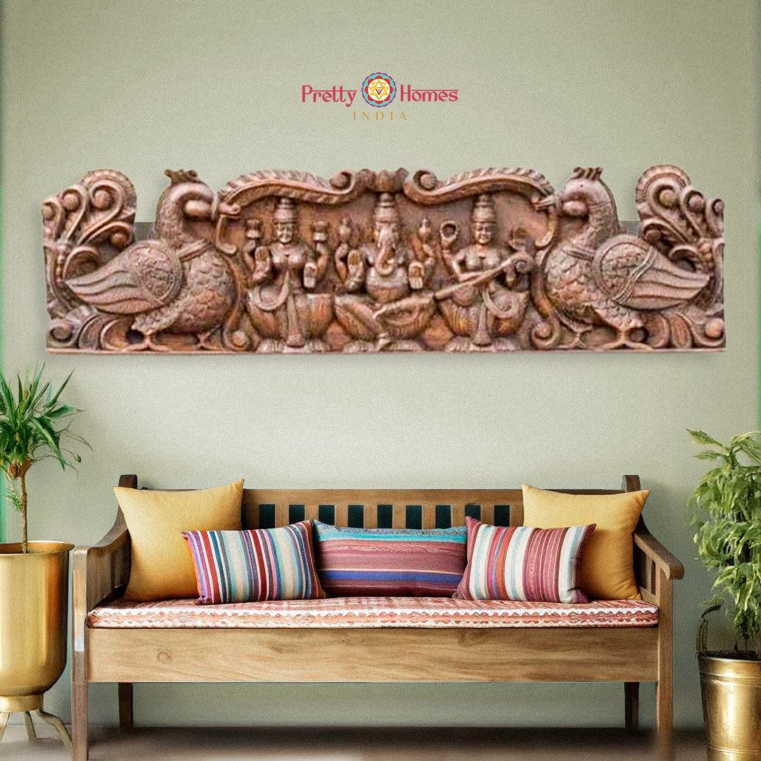 Wooden Ganesh Laxmi Saraswati panel — handcrafted devotional art.