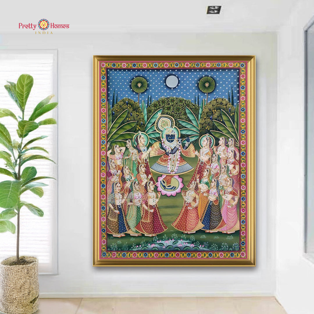 handpainted pichwai raas leela with gopikas in garden setting full composition of Krishna and gopikas dancing in garden