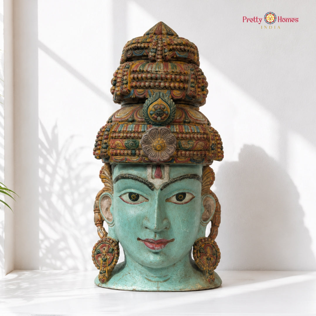 Vintage Blue Wood-Carved Vishnu Bust