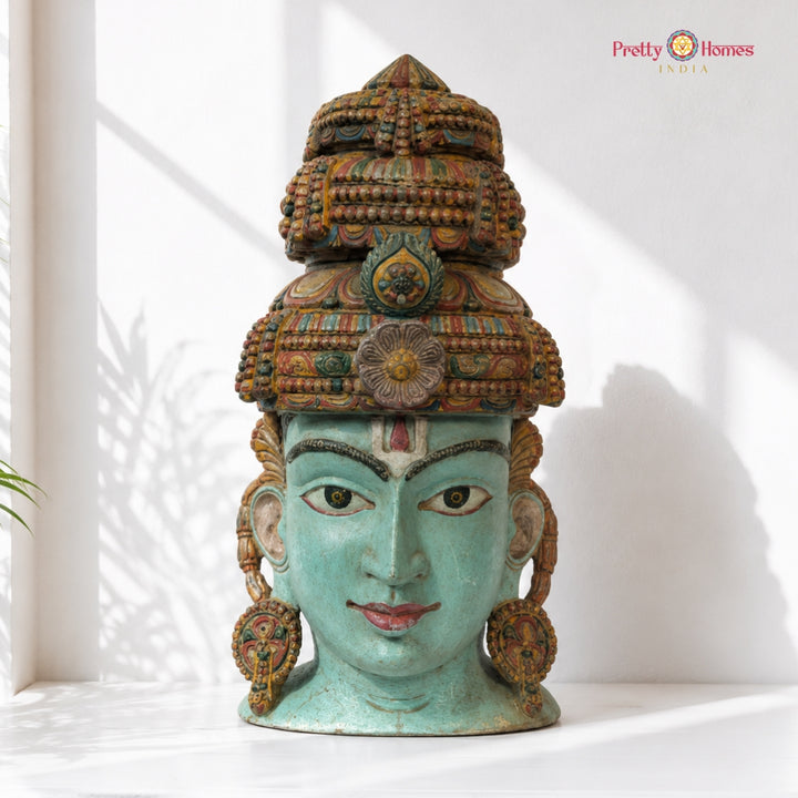 Vintage Blue Wood-Carved Vishnu Bust