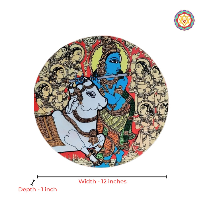 Close-up detailing of flute Krishna round wooden wall panel with heritage artistry