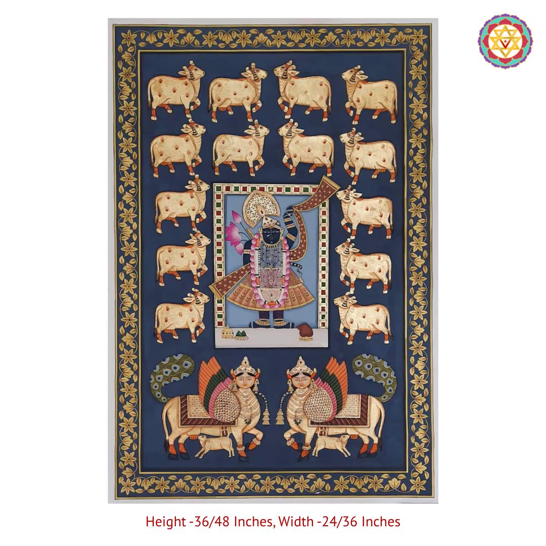 room-styled shot of shrinathji kamdhenu pichwai hanging