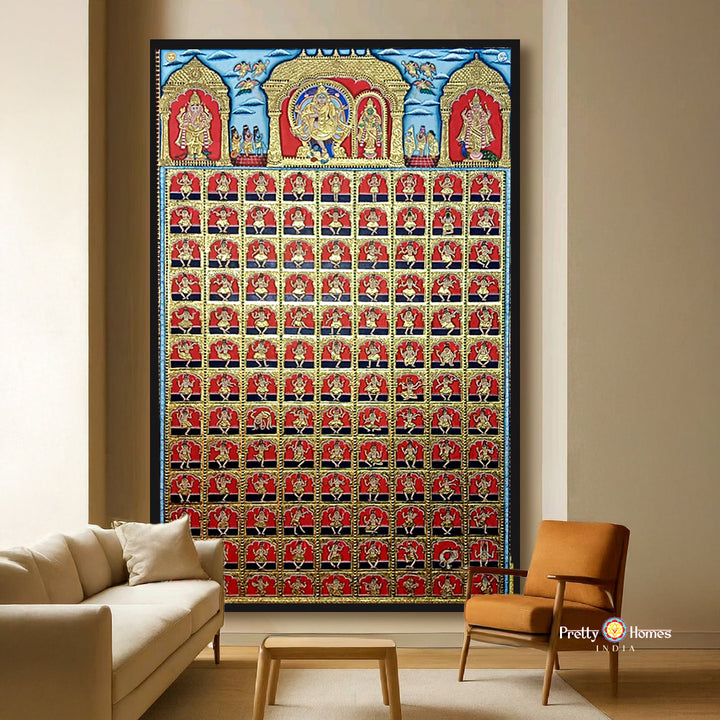 Vintage Handmade Tanjore – Lord Shiva Parvati with Nataraj in 108 Dance Postures | 24K Gold & Teakwood Frame