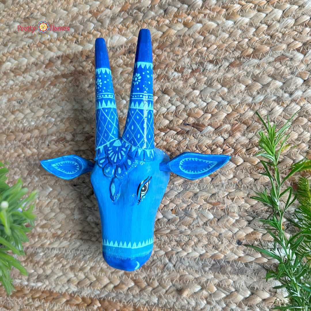 Hand-Painted Blue Cow Head /Nandi – aesthetic Woodcarved Wall Decor