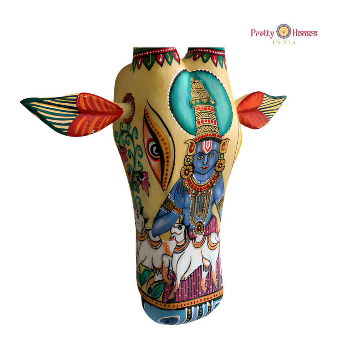 Aesthetic Hand-Painted Cow Head with Lord Balaji & Cows