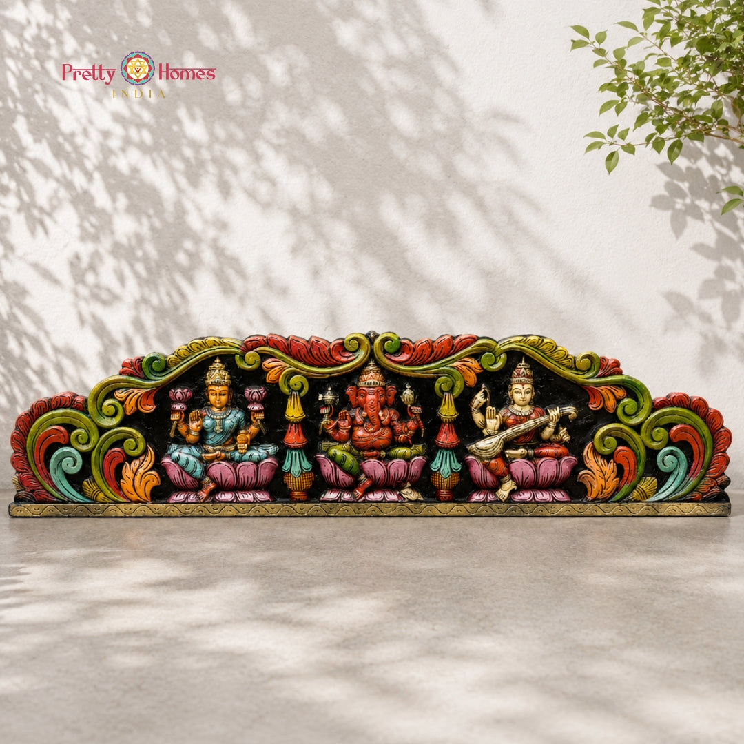 Handpainted Multicolour Ganesh, Lakshmi & Saraswati Panel
