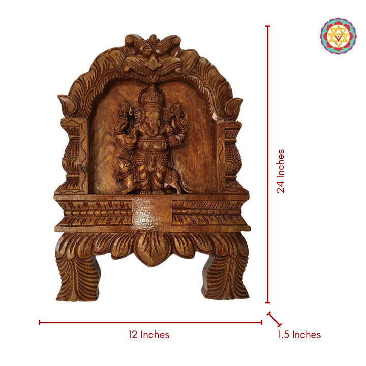 Woodcarved lord &nbsp;ganesha with mouse &nbsp;frame With lotus carvings