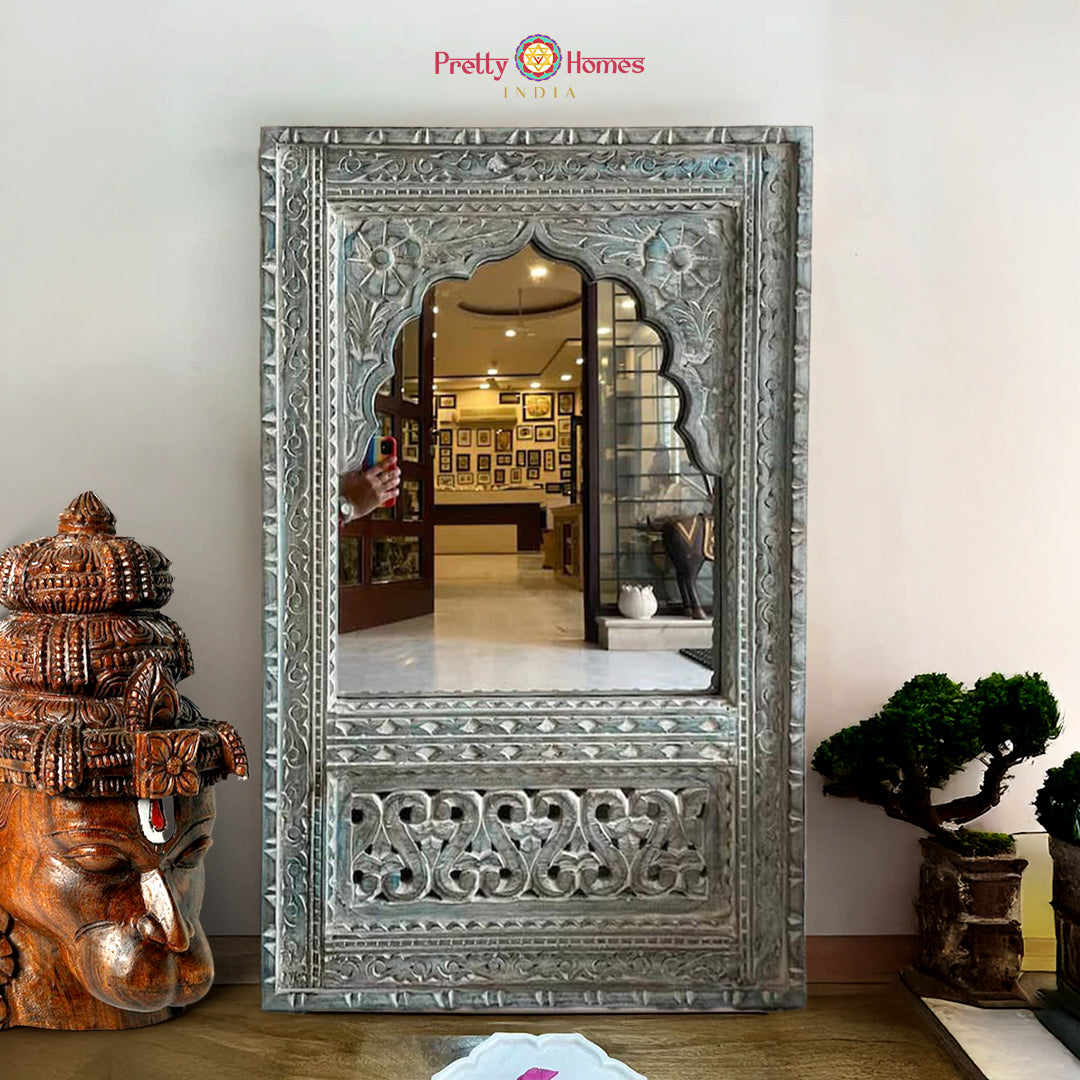 Handcarved wooden wall mirror jharokha in rustic grey finish, perfect for vintage home decor – Pretty Homes India.