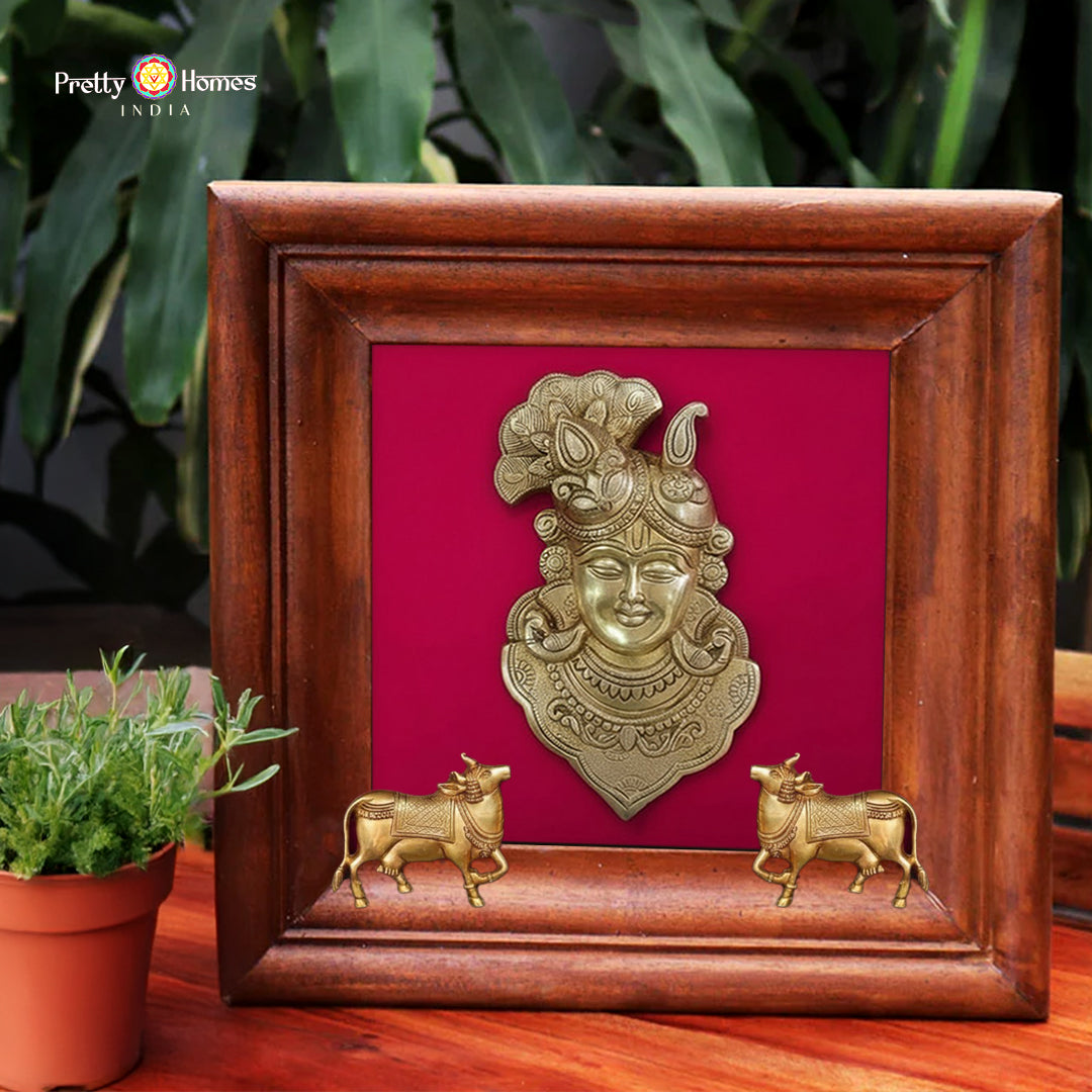 Brass Lord Shrinathji with Set of 2 Cows wall decor