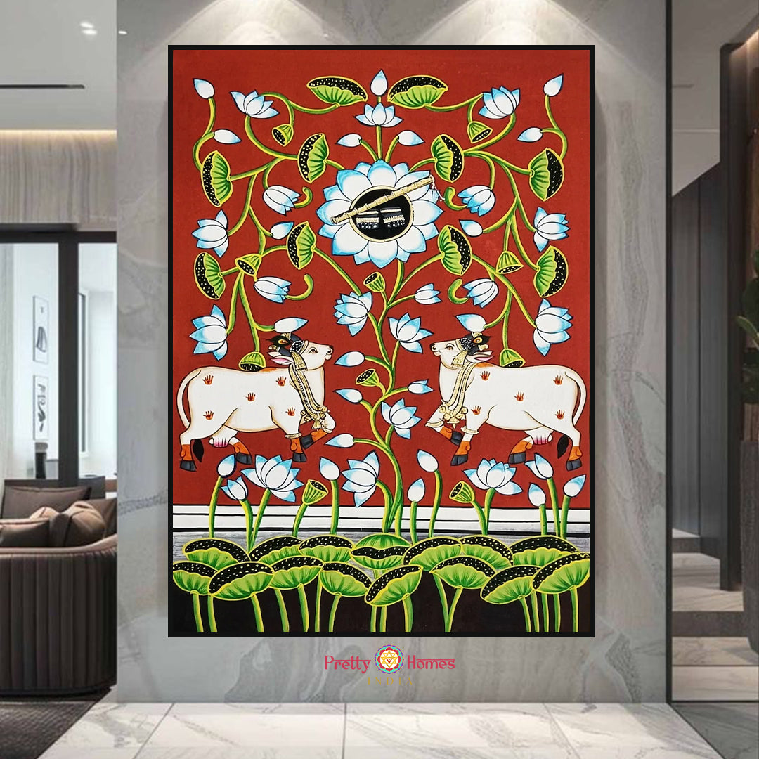 traditional indian pichwai wall painting showing gopikas and shrinathji theme