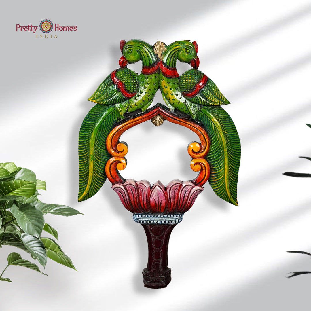 Wooden mirror frame with twin green parrots and lotus base in multicolour