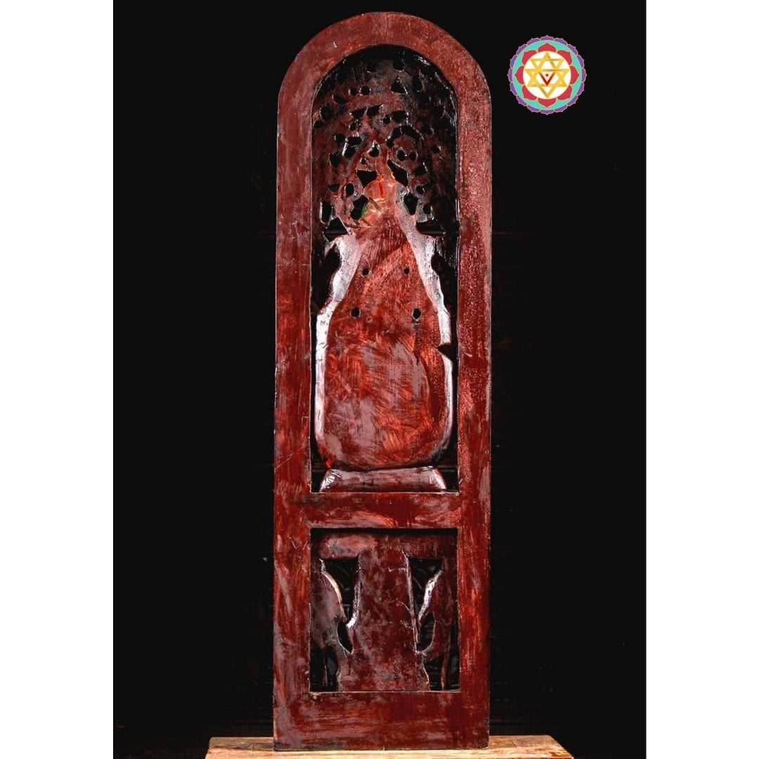 Handcarved Wooden Gopal Krishna Panel Canopy  Sculpture with Playful Cow and Two Gopis.