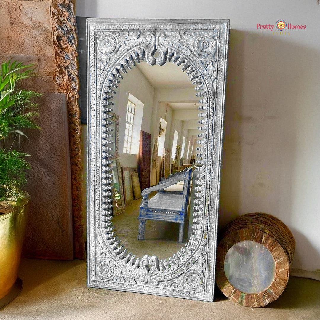 Full-length carved mirror frame in rustic white