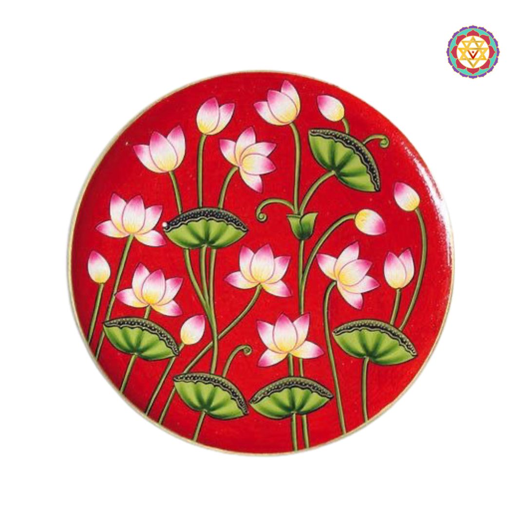 Hand painted wall plate with multiple lotus flowers, pichwai design