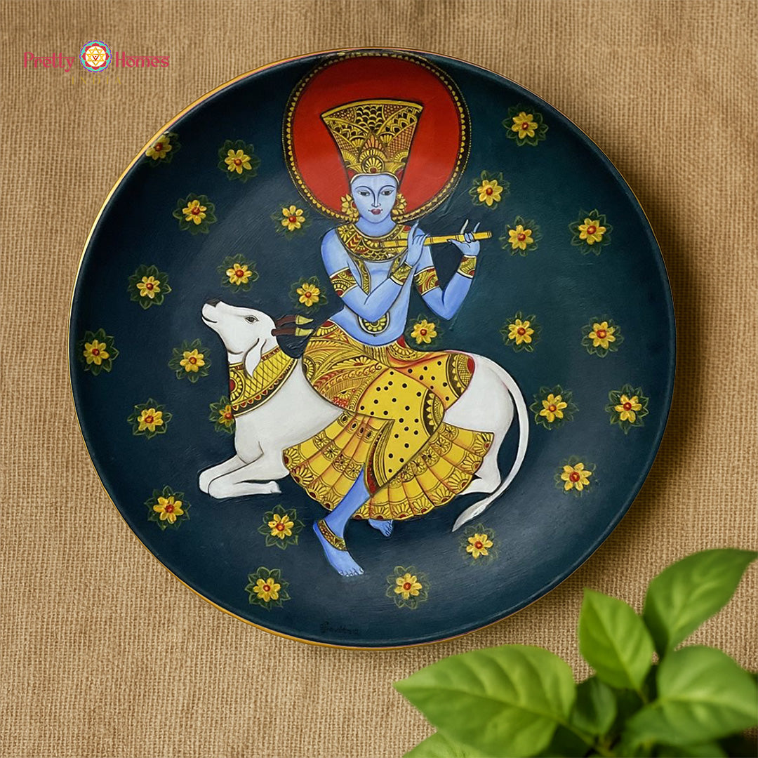 pichwai wall plate of flute krishna seated on nandi