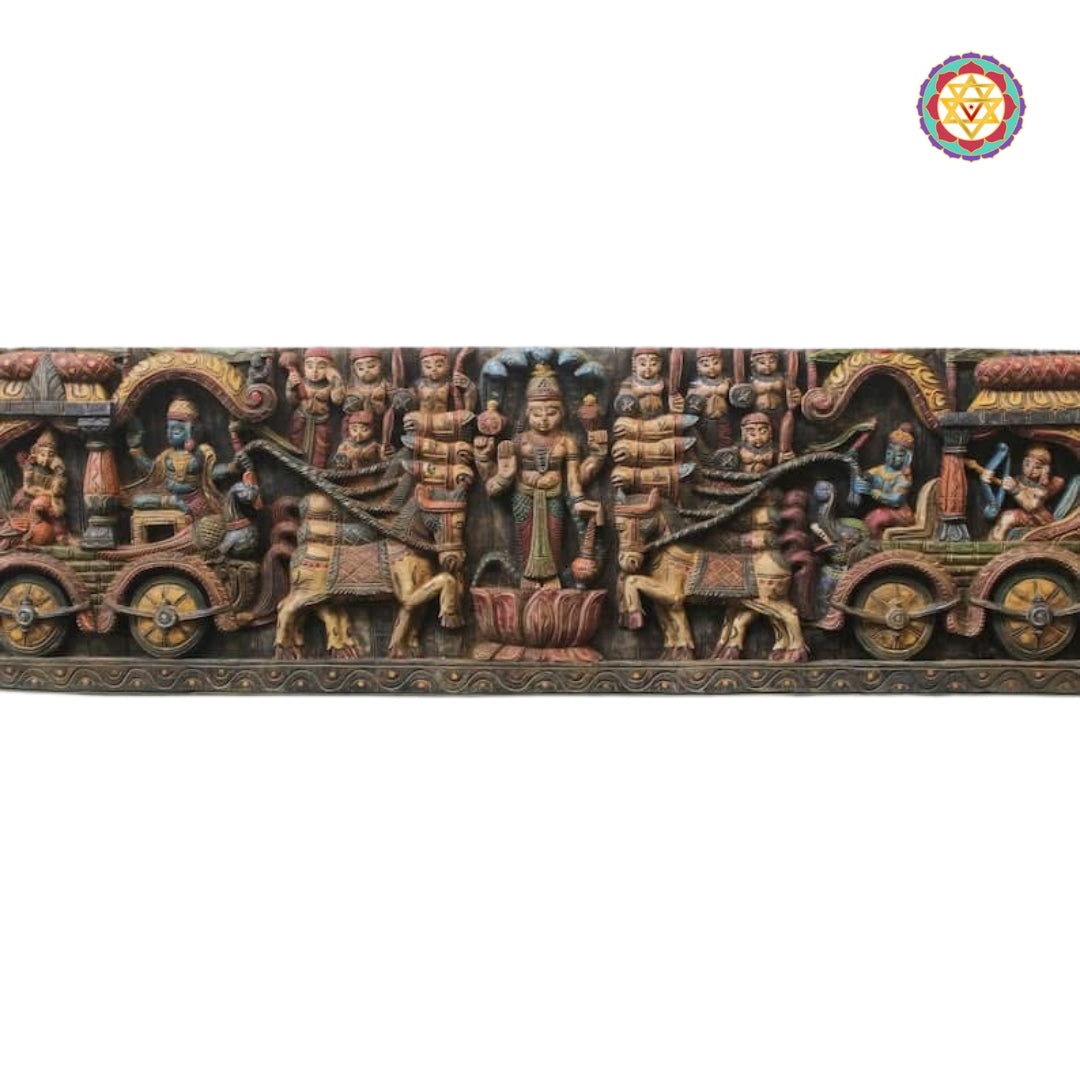 Bhagavad Gita-inspired wooden wall art with intricate carving