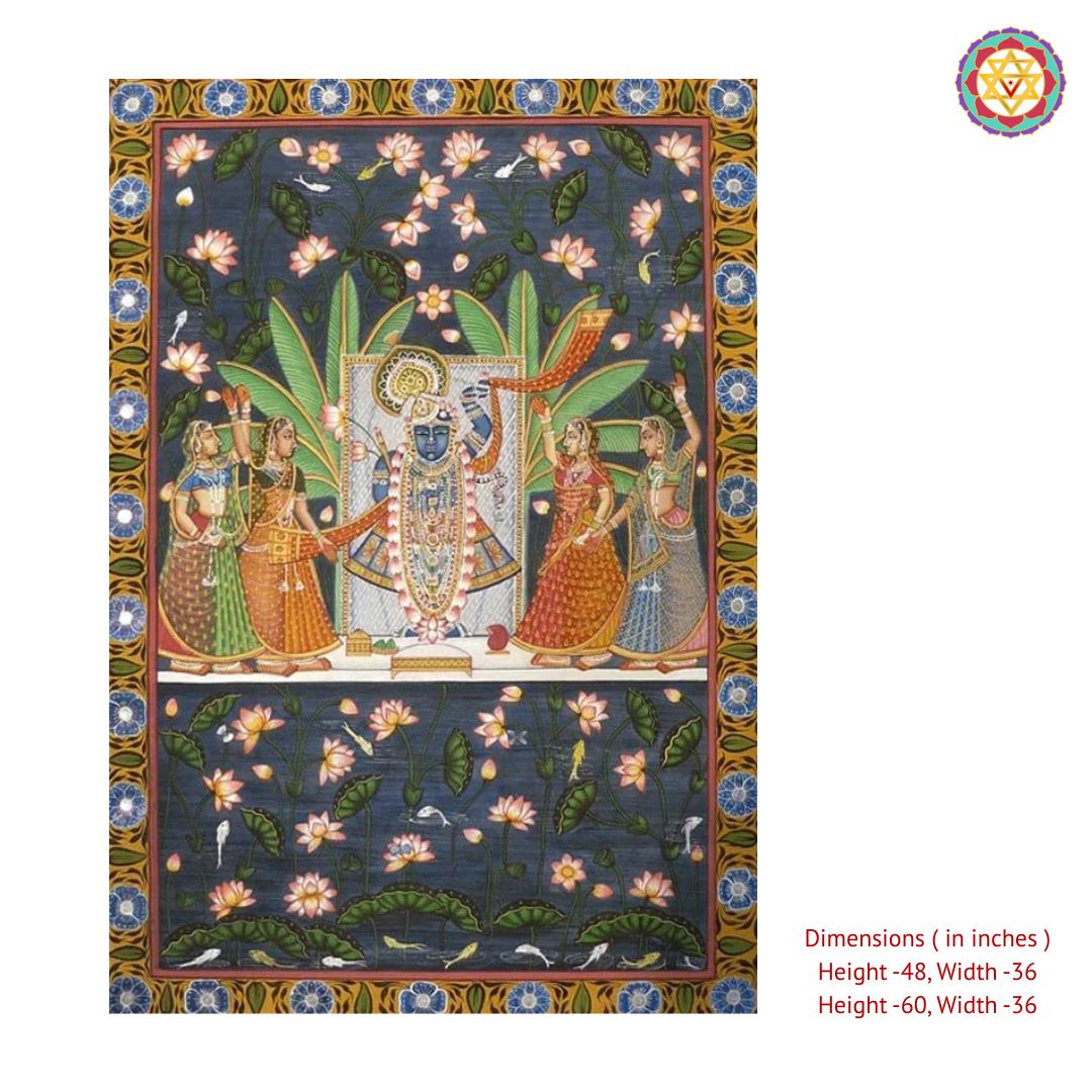 Shrinathji with Gopikas by the Kamal Talai – Handpainted Pichwai Elegance